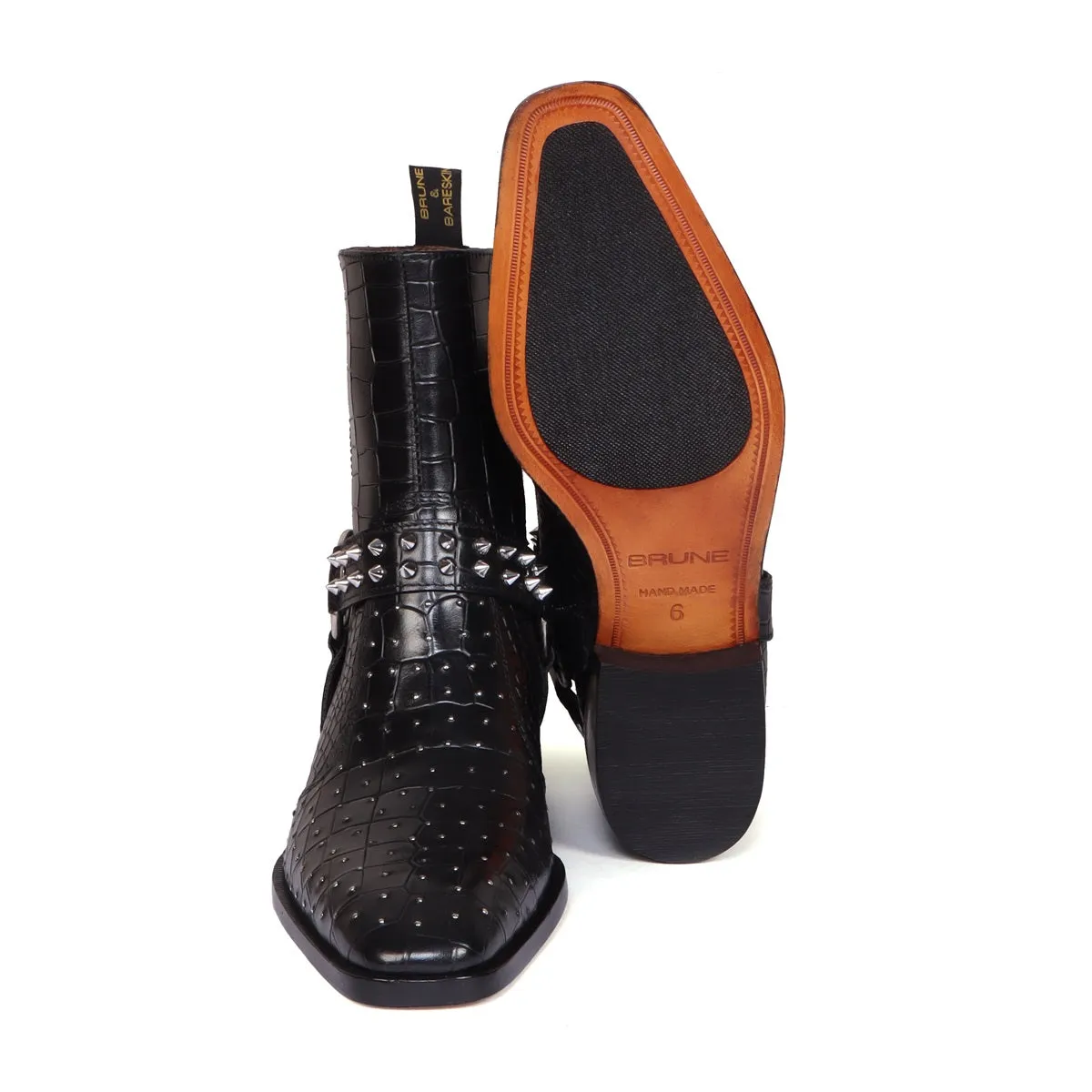 Black Deep Cut Leather Boots with Cuban Heel Metal Fleck & Silver Studded Buckle Strap By Brune & Bareskin