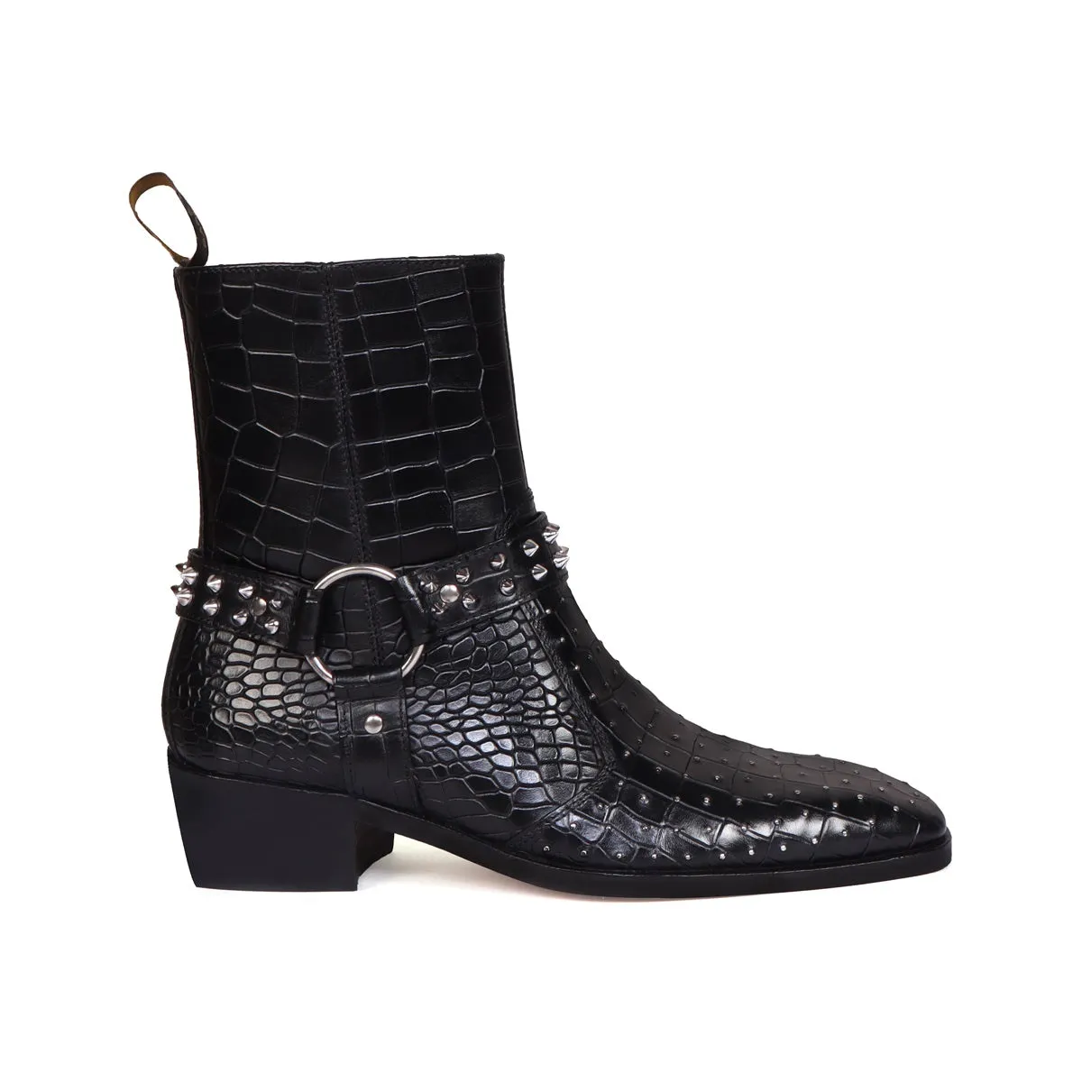 Black Deep Cut Leather Boots with Cuban Heel Metal Fleck & Silver Studded Buckle Strap By Brune & Bareskin