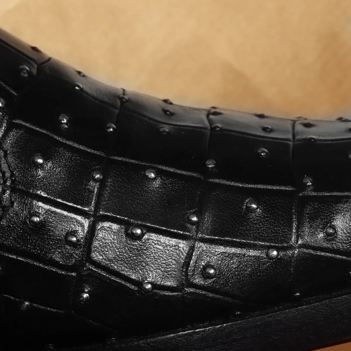 Black Deep Cut Leather Boots with Cuban Heel Metal Fleck & Silver Studded Buckle Strap By Brune & Bareskin