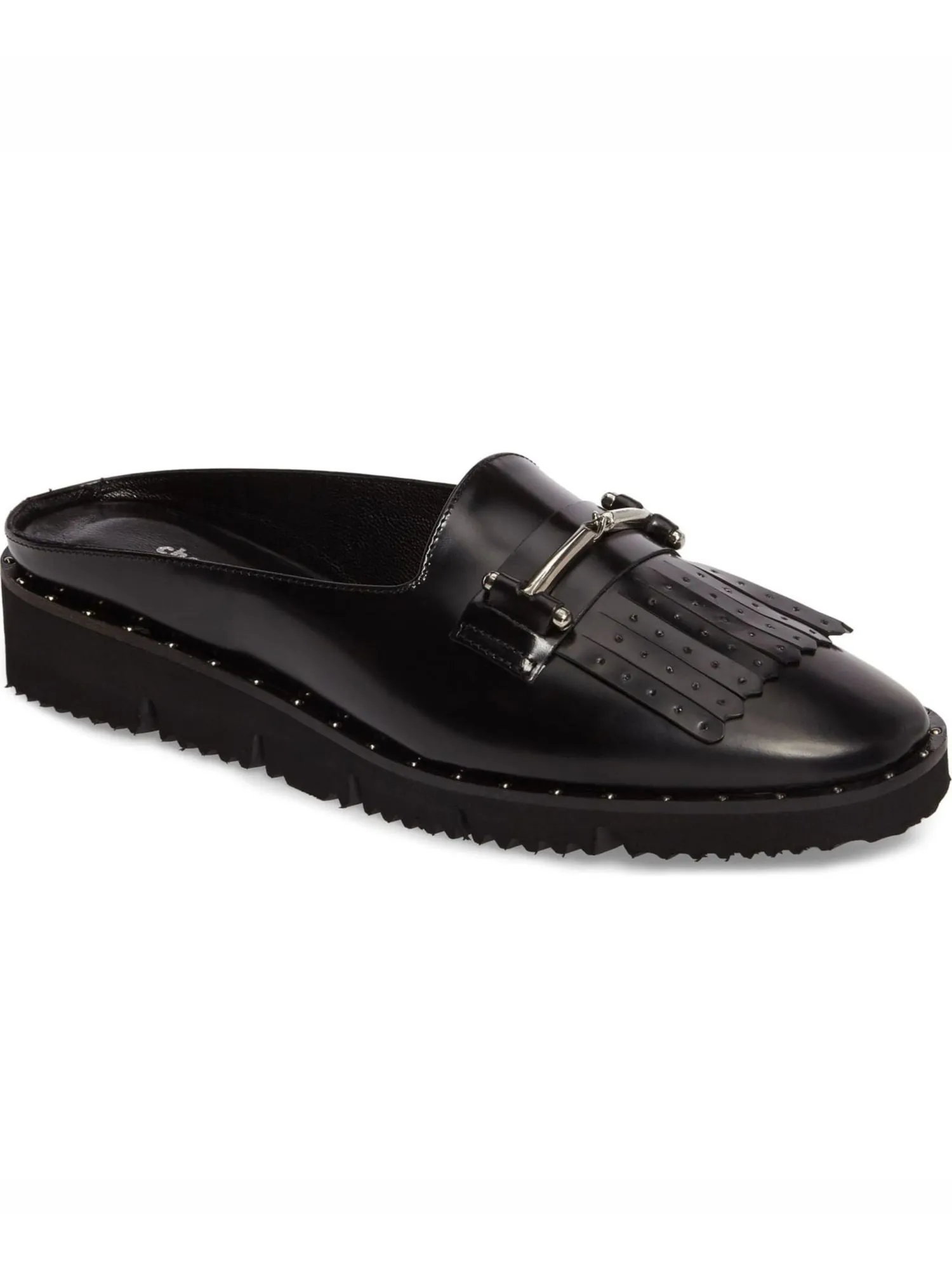 CHARLES BY CHARLES DAVID Womens Black Studded Fringed Lorde Round Toe Wedge Slip On Mules