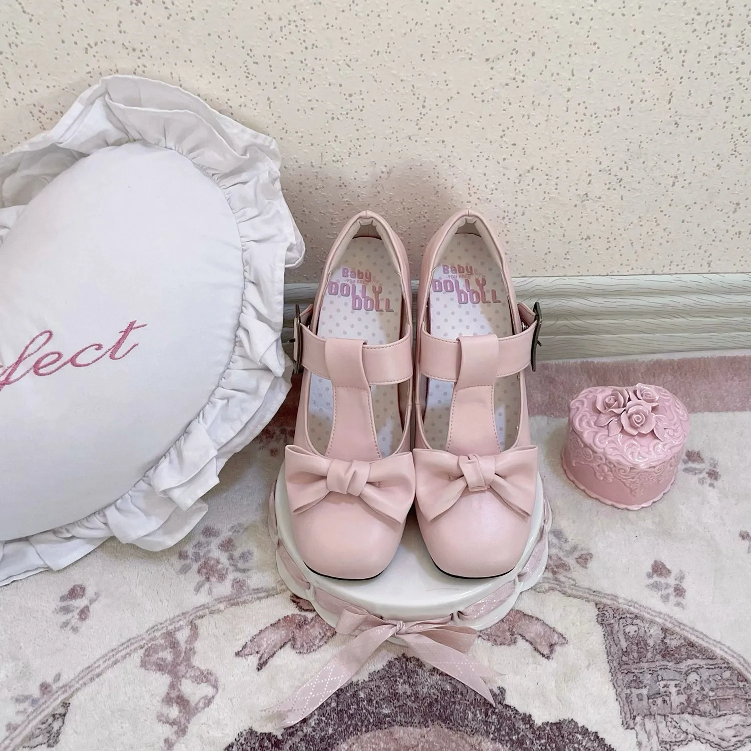 Dolly Doll~Sweet Lolita Heel Shoes Square Toe T-Strap Chunky Heel Shoes