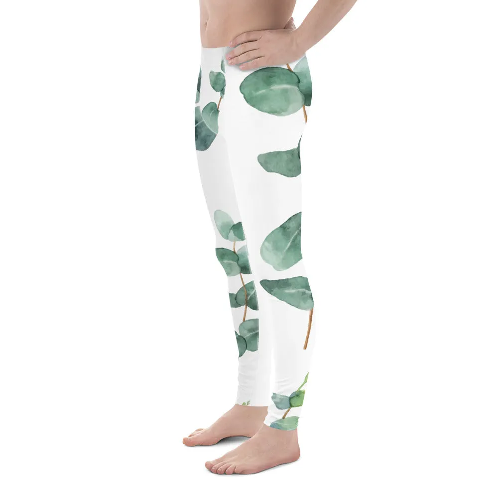 Green Eucalyptus Printed Men's Leggings, Designer Men's Compression Sports Tights - Made in USA/EU/MX