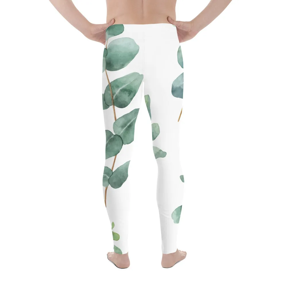Green Eucalyptus Printed Men's Leggings, Designer Men's Compression Sports Tights - Made in USA/EU/MX