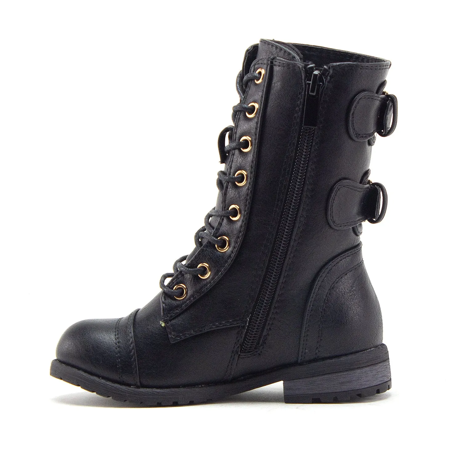 Little Girls Justina Tall Calf High Combat Zipped Round Toe Riding Dress Boots
