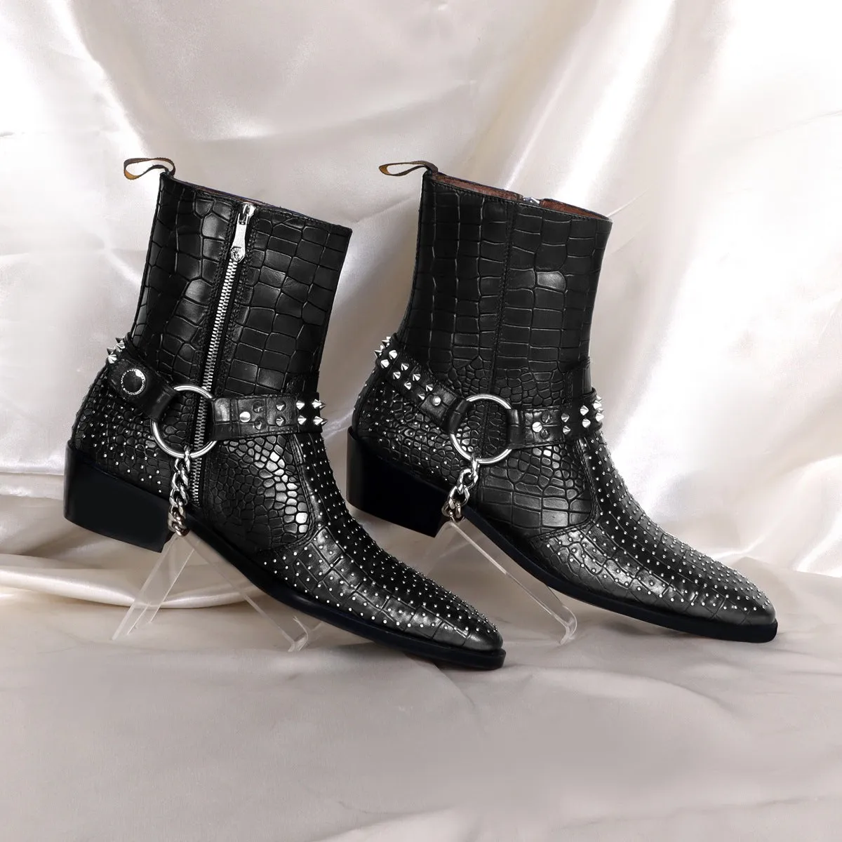 Metal Studded Black Cuban Heel Boots with Strap in Deep Cut Leather