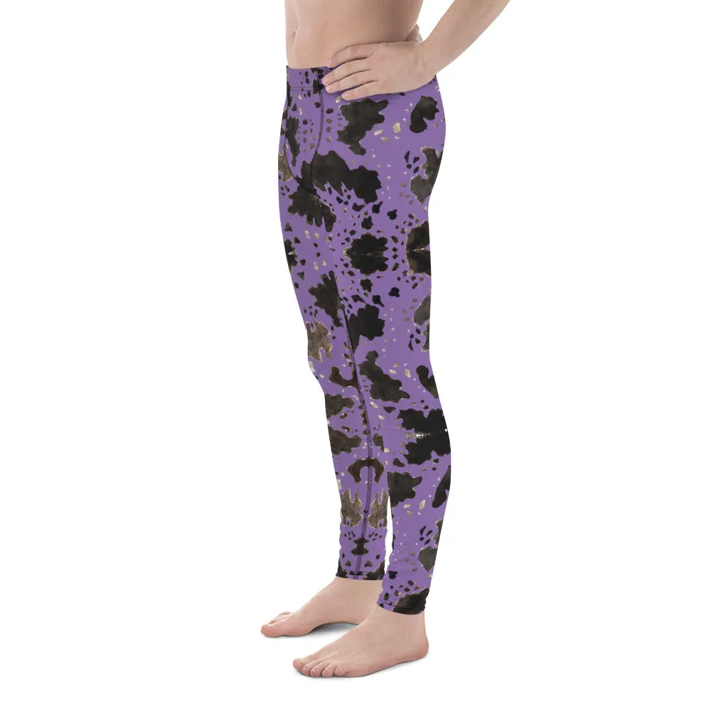 Purple Cow Print Men's Leggings, Cow Animal Print Designer Men's Compression Sports Tights - Made in USA/EU/MX