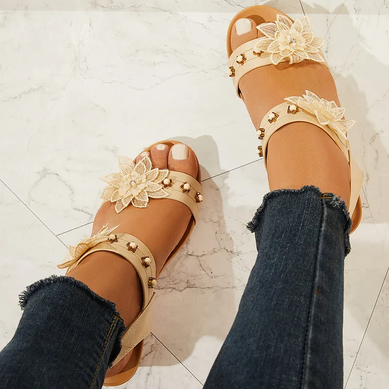 Sohiwoo Women Floral Decor Low Wedge Heels Open Toe Ankle Strap Sandals