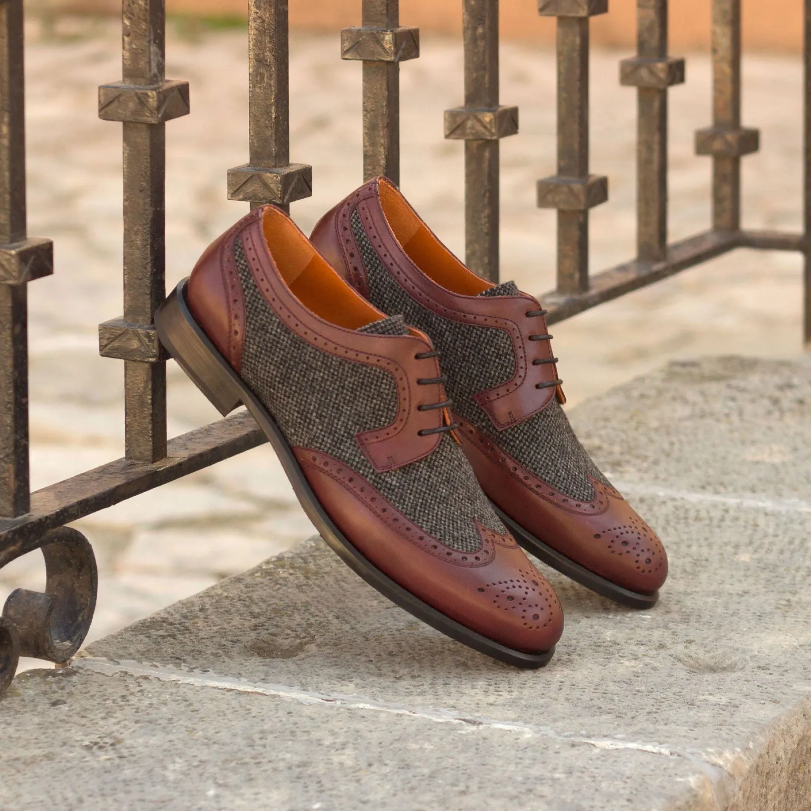 Women's Derby Wingtip Leather Shoes Grey Burgundy 3058