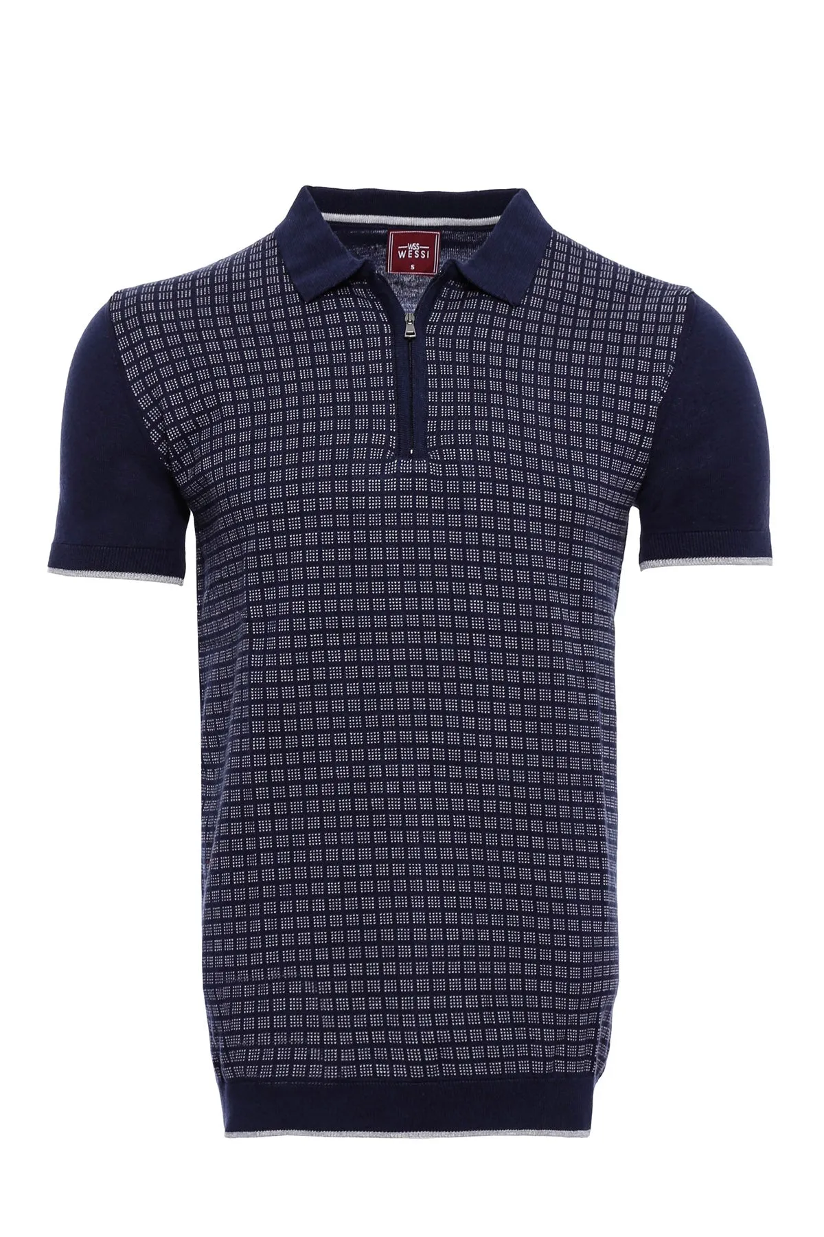 WSS Navy Plaid Zippered Knitted Polo T-Shirt  - Singen