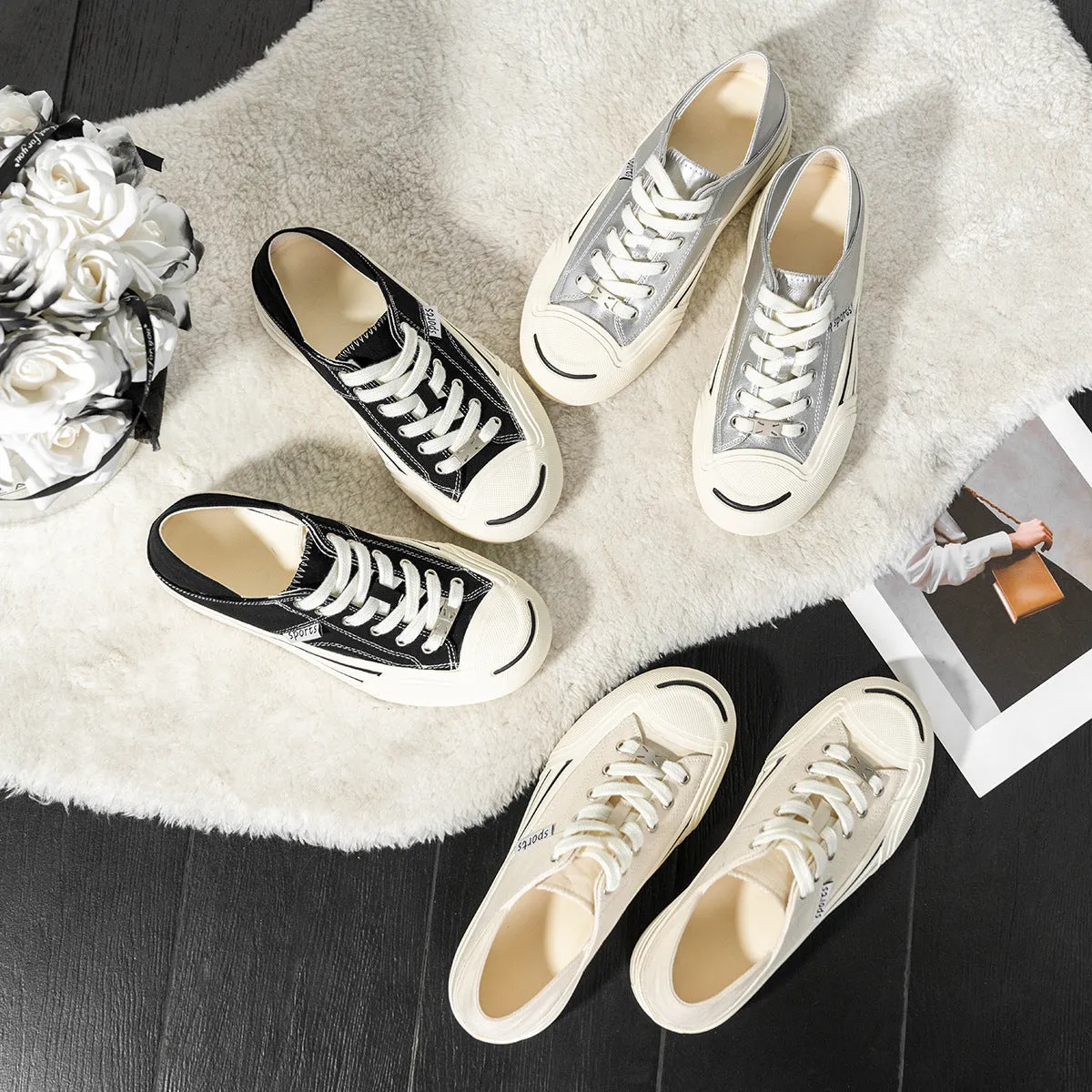 xakxx Classic round Toe Jack Purcell Thick-Soled Canvas Shoes for Women 24 New Summer Sports Casual Two-Way Wear Small Silver White Shoes for Women